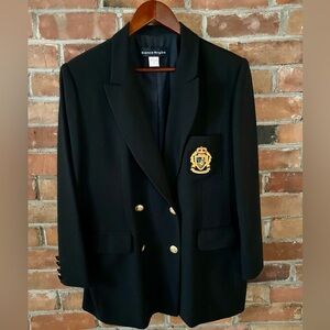 VINTAGE BIANCA NYGARD rare wool black timeless blazer embroidered emblem crest